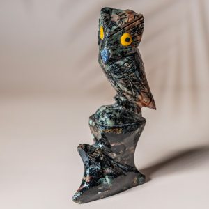 Hand carved semi precious stone owl sculpture side profile