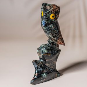 Hand carved semi precious stone owl sculpture side profile