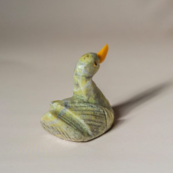 Side and back view of semi-precious stone duck figurine, elegant bird decor accent for gifting