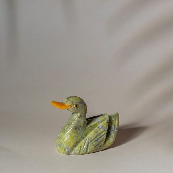 Front view of handcrafted semi-precious stone duck figurine, decorative gift for home and office decor