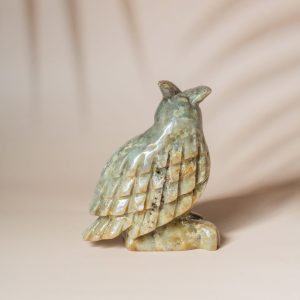 Green calcite owl figurine made from semi-precious stone for home decor and gifting