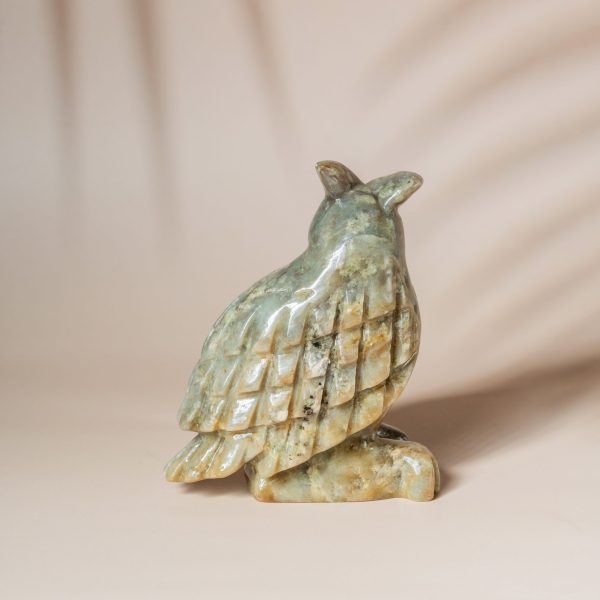 Green calcite owl figurine made from semi-precious stone for home decor and gifting