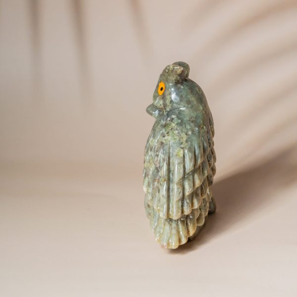 Green calcite owl figurine made from semi-precious stone for home decor and gifting
