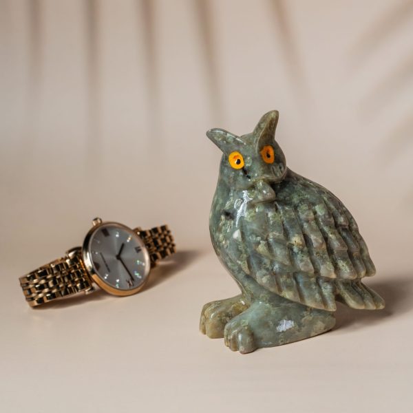 Green calcite owl figurine made from semi-precious stone for home decor and gifting