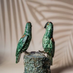 Luxury green aventurine parrot pair handcrafted on natural amethyst geode for premium home decor and gifting