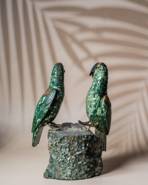 Luxury green aventurine parrot pair handcrafted on natural amethyst geode for premium home decor and gifting
