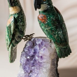 Luxury green aventurine parrot pair handcrafted on natural amethyst geode for premium home decor and gifting