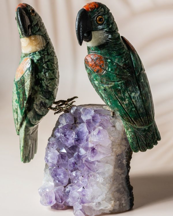 Luxury green aventurine parrot pair handcrafted on natural amethyst geode for premium home decor and gifting