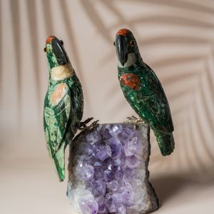 Luxury green aventurine parrot pair handcrafted on natural amethyst geode for premium home decor and gifting