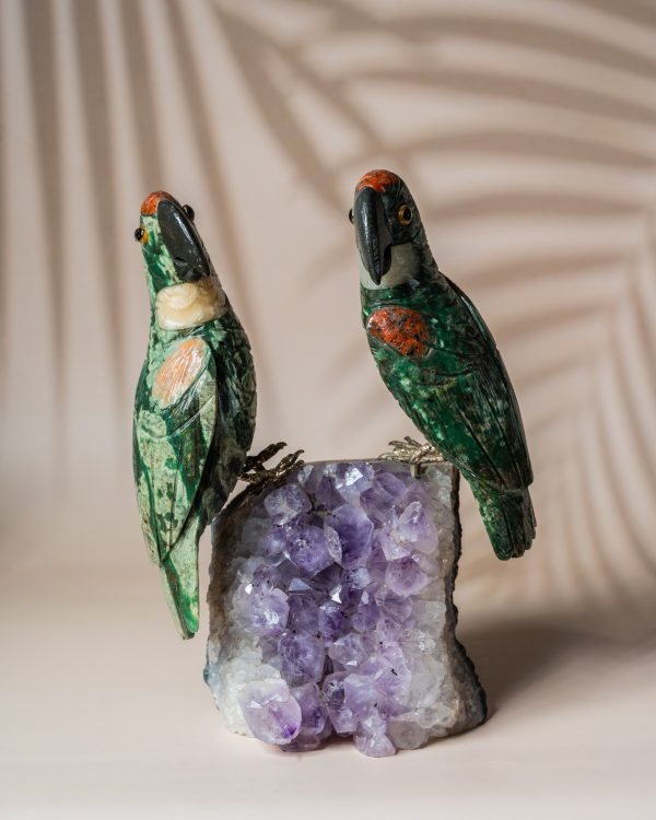 Luxury green aventurine parrot pair handcrafted on natural amethyst geode for premium home decor and gifting