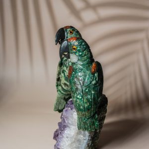 Luxury green aventurine parrot pair handcrafted on natural amethyst geode for premium home decor and gifting