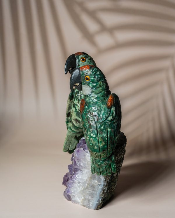 Luxury green aventurine parrot pair handcrafted on natural amethyst geode for premium home decor and gifting