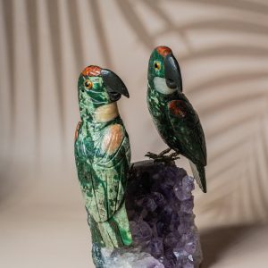 Luxury green aventurine parrot pair handcrafted on natural amethyst geode for premium home decor and gifting