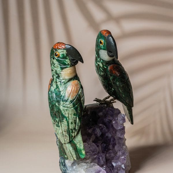 Luxury green aventurine parrot pair handcrafted on natural amethyst geode for premium home decor and gifting