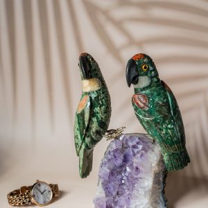 Luxury green aventurine parrot pair handcrafted on natural amethyst geode for premium home decor and gifting