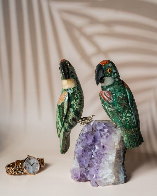 Luxury green aventurine parrot pair handcrafted on natural amethyst geode for premium home decor and gifting