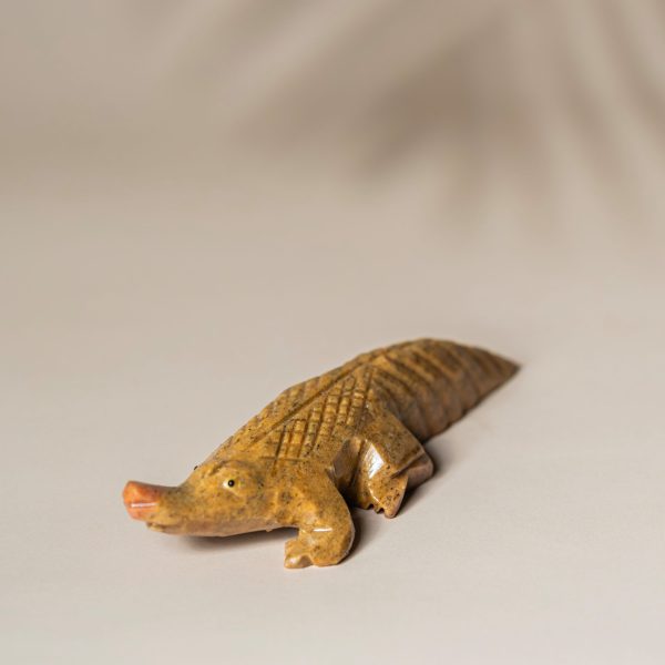 Hand carved jasper crocodile sculpture made from semi precious stone