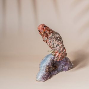 Leopard jasper sparrow figurine perched on natural amethyst geode base