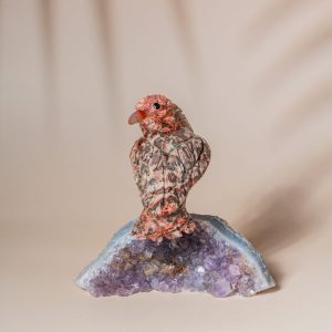 Leopard jasper sparrow figurine perched on natural amethyst geode base