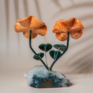 Luxury orange calcite flower decor with natural amethyst geode base for premium gifting and home decor