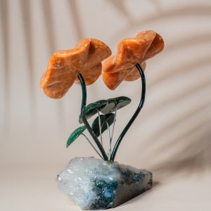 Luxury orange calcite flower decor with natural amethyst geode base for premium gifting and home decor