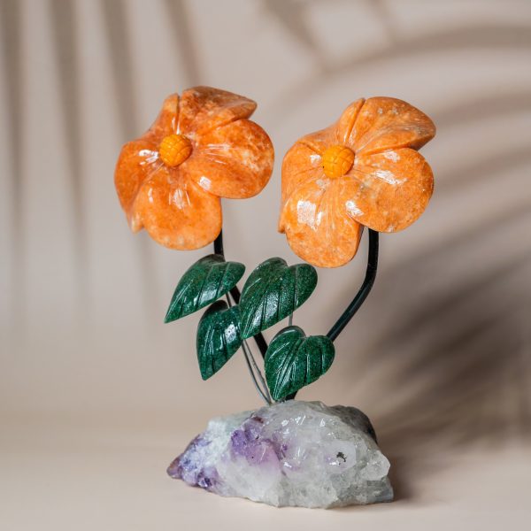 Luxury orange calcite flower decor with natural amethyst geode base for premium gifting and home decor