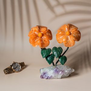 Luxury orange calcite flower decor with natural amethyst geode base for premium gifting and home decor