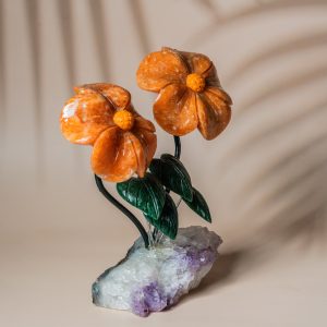 Luxury orange calcite flower decor with natural amethyst geode base for premium gifting and home decor