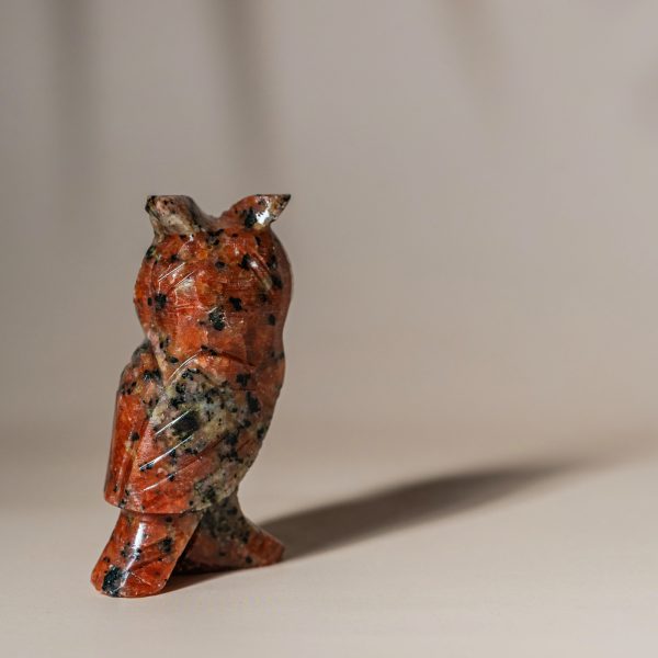 Orange calcite owl figurine made from semi-precious stone for home decor and gifting