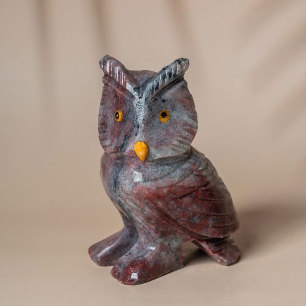 Handcrafted purple jasper owl sculpture with natural stone patterns