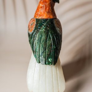 Semi precious stone parrot sculpture with orange calcite head and green aventurine body