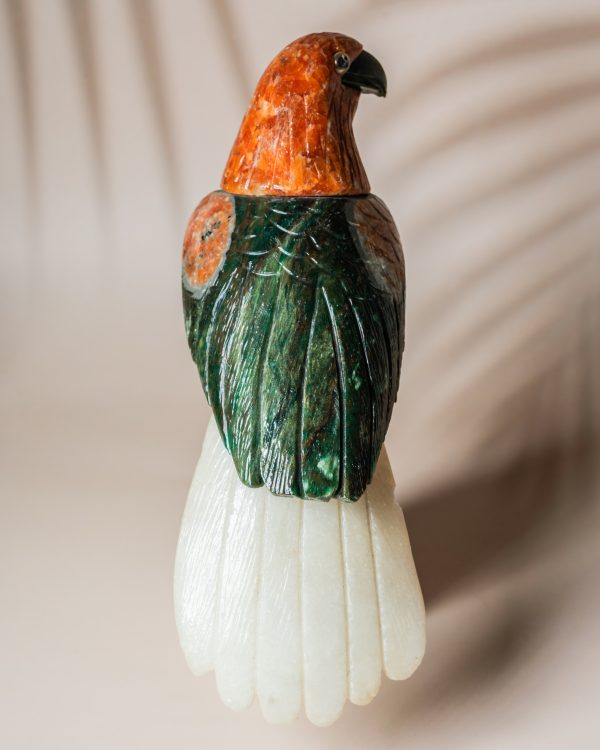 Semi precious stone parrot sculpture with orange calcite head and green aventurine body