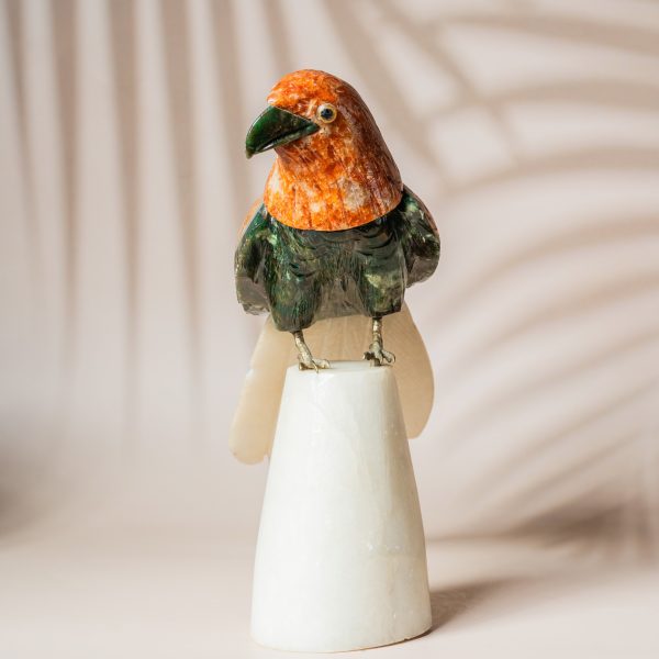 Semi precious stone parrot sculpture with orange calcite head and green aventurine body