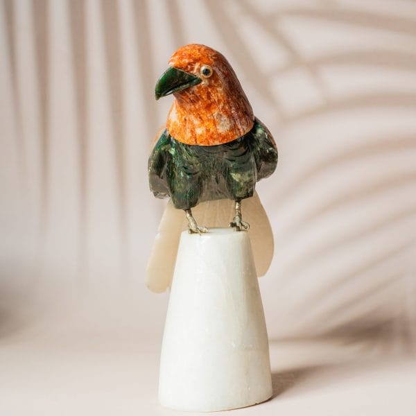 Semi precious stone parrot sculpture with orange calcite head and green aventurine body