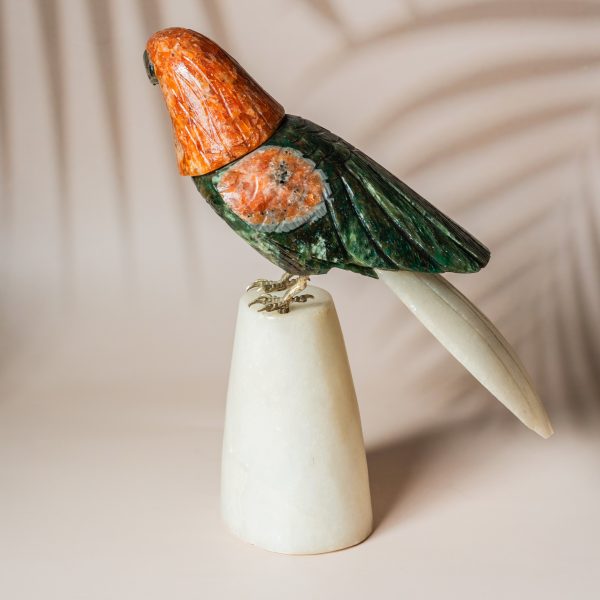 Semi precious stone parrot sculpture with orange calcite head and green aventurine body