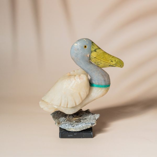 White blue quartz pelican bird figurine handcrafted in semi precious stone, luxury home decor and premium gifting piece