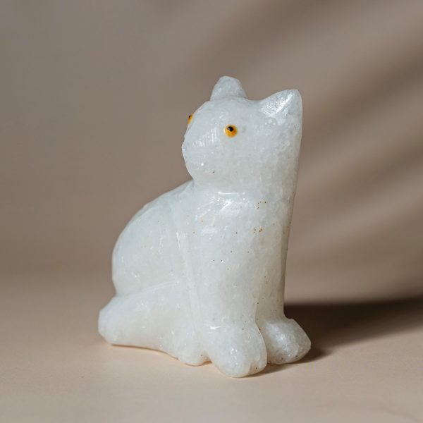 White quartz cat figurine handcrafted from semi-precious stone for home décor